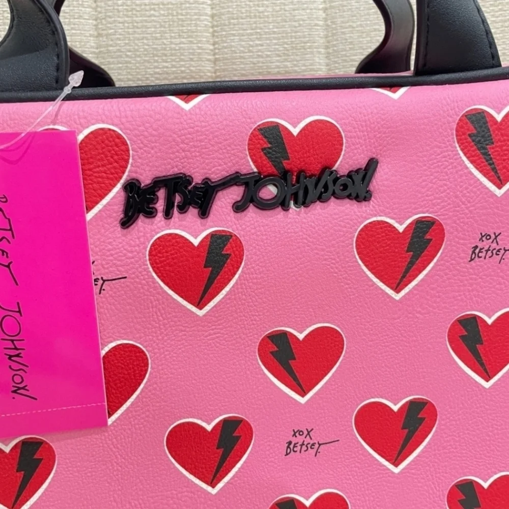 💕▪️Betsey Johnson▪️Pink Red Heart Briefcase Travel Makeup Bag Double Sided Zip